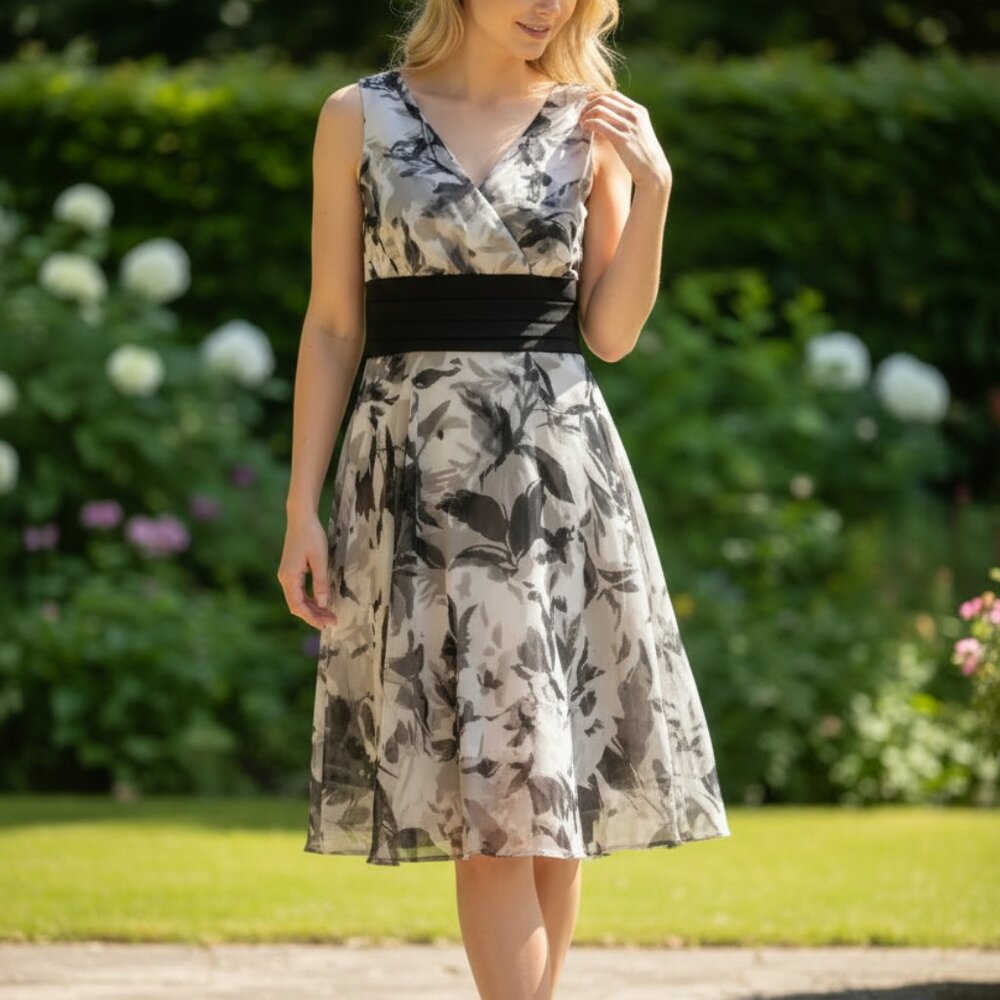 Connected apparel Black & White Flower Dress V-ne K Womens Size 12